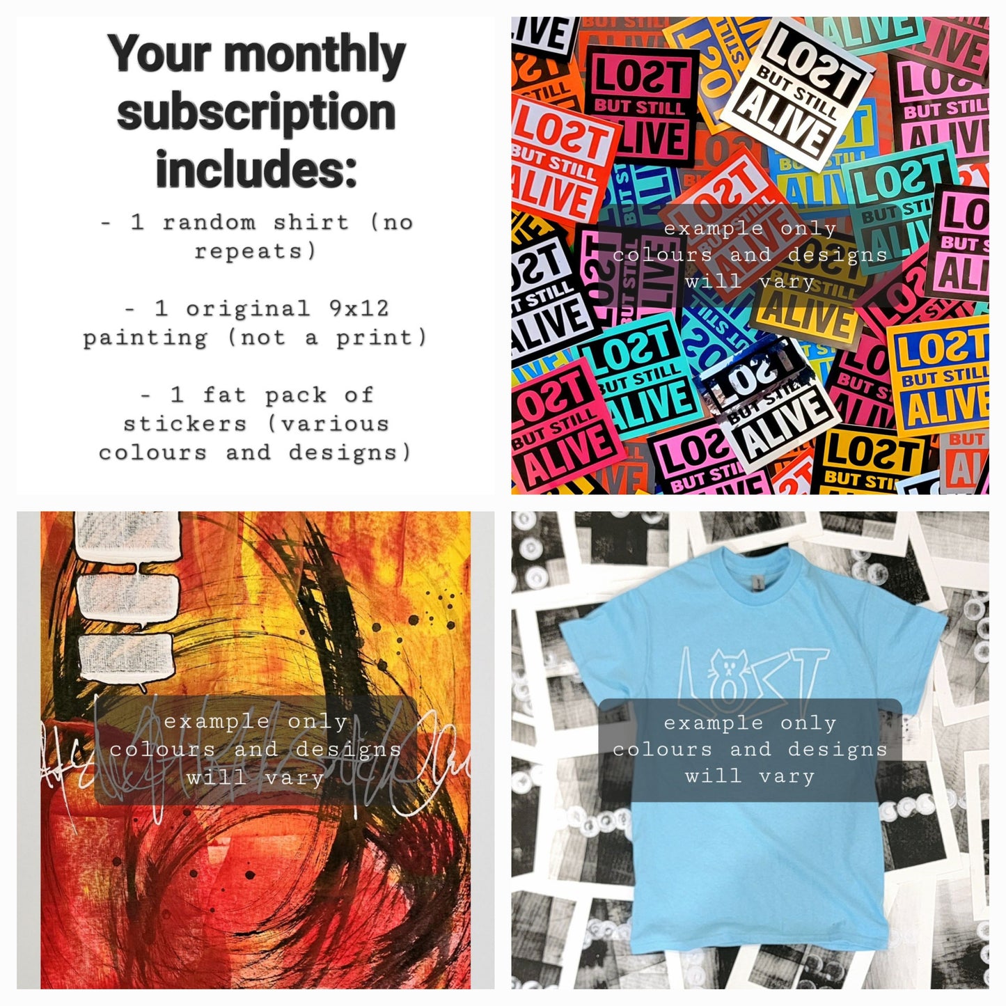 A painting, a shirt, and a fat sticker pack combo