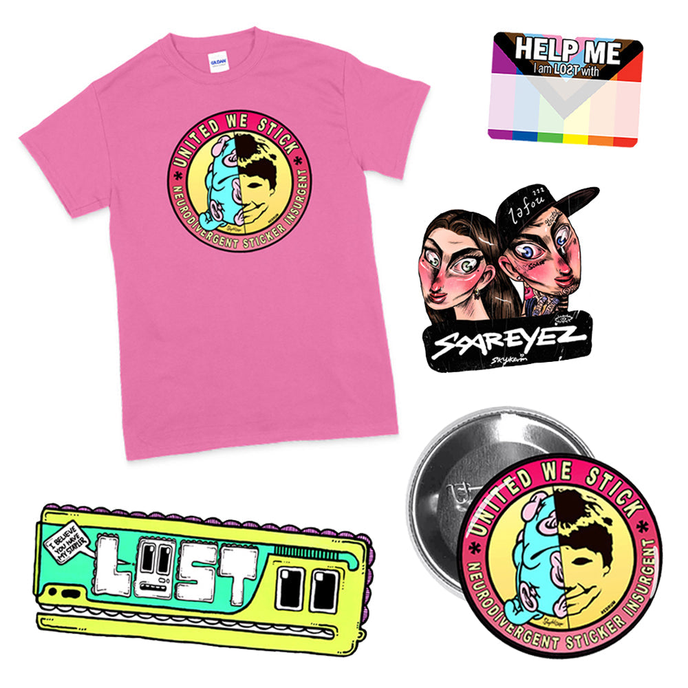 A display of customized shirts, stickers, buttons, and graffiti blanks with submitted designs