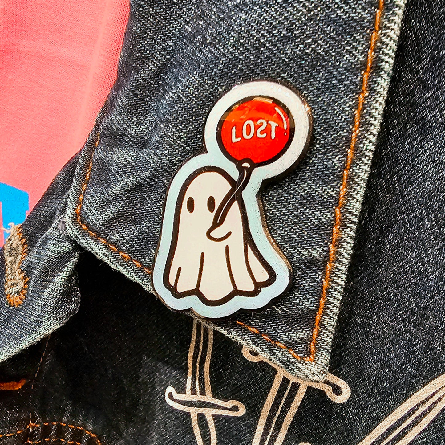 LOƧT - Sad Ghost pin with extended post and rubber stopper.