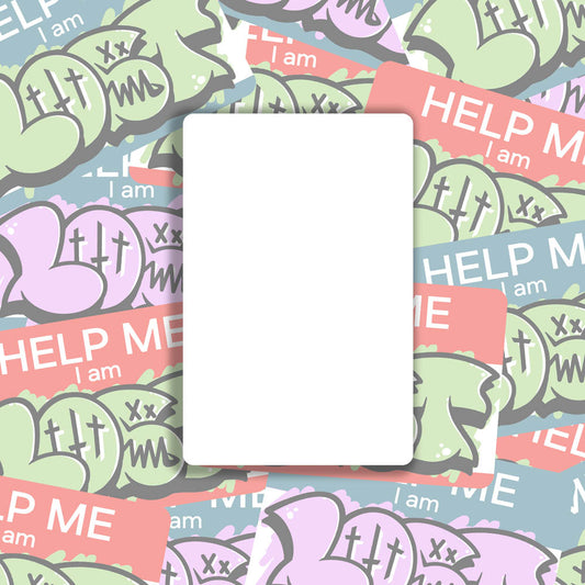 A blank rectangular sticker set against a background of graffiti stickers.