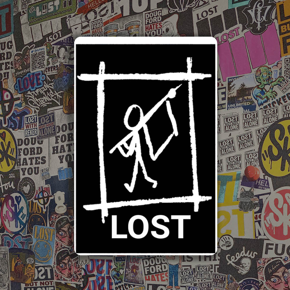 The Avail thermal sticker by LOST. Black and white design featuring a lone stick person waving a white flag. An assortment of colorful graffiti stickers provides the background for the sticker.