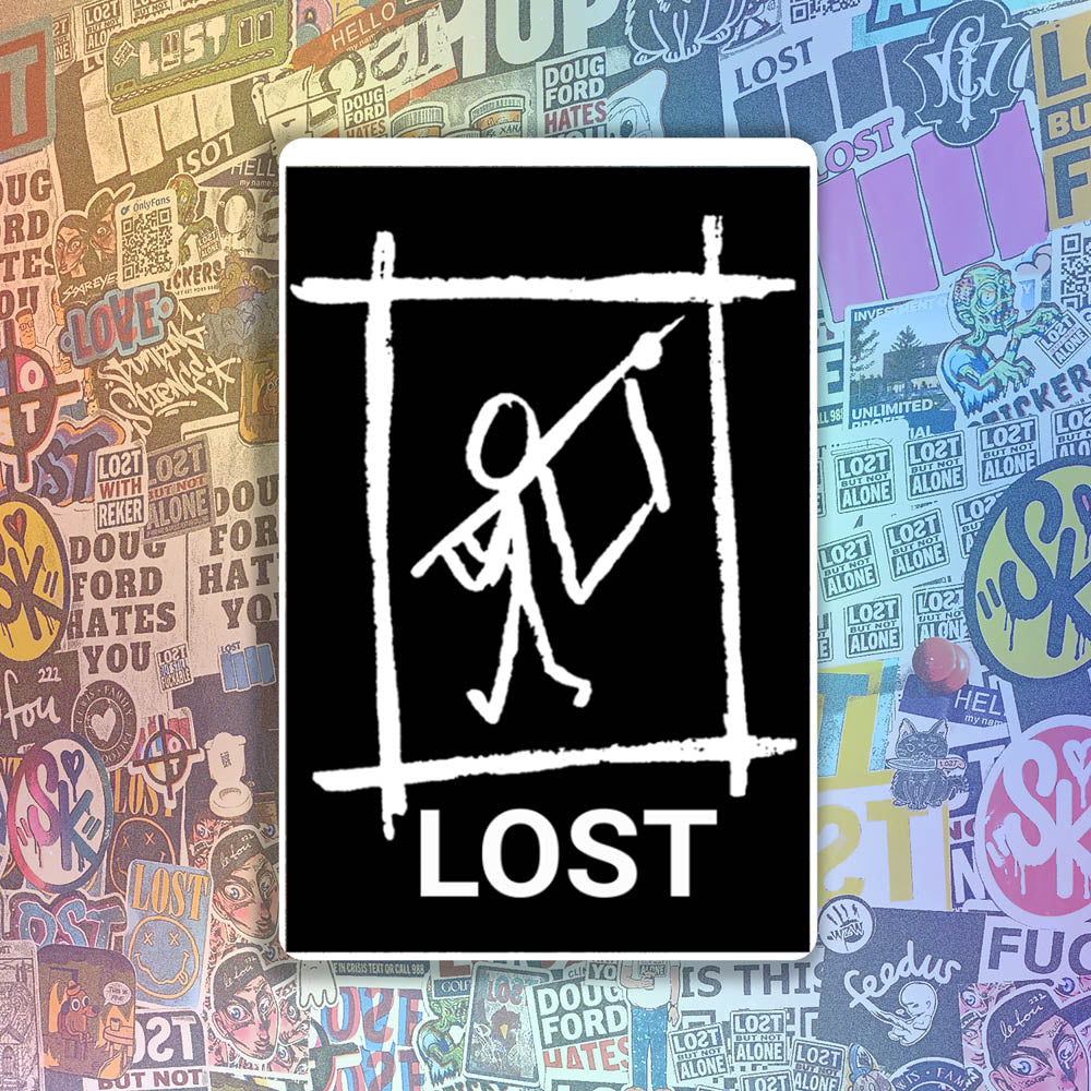 The Avail thermal sticker by LOST. Black and white design featuring a lone stick person waving a white flag. An assortment of colorful graffiti stickers provides the background for the sticker.