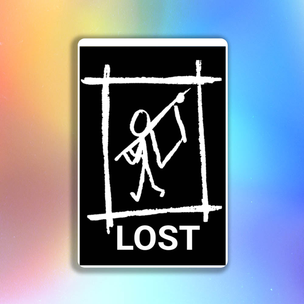 The Avail thermal sticker by LOST. Black and white design featuring a lone stick person waving a white flag.