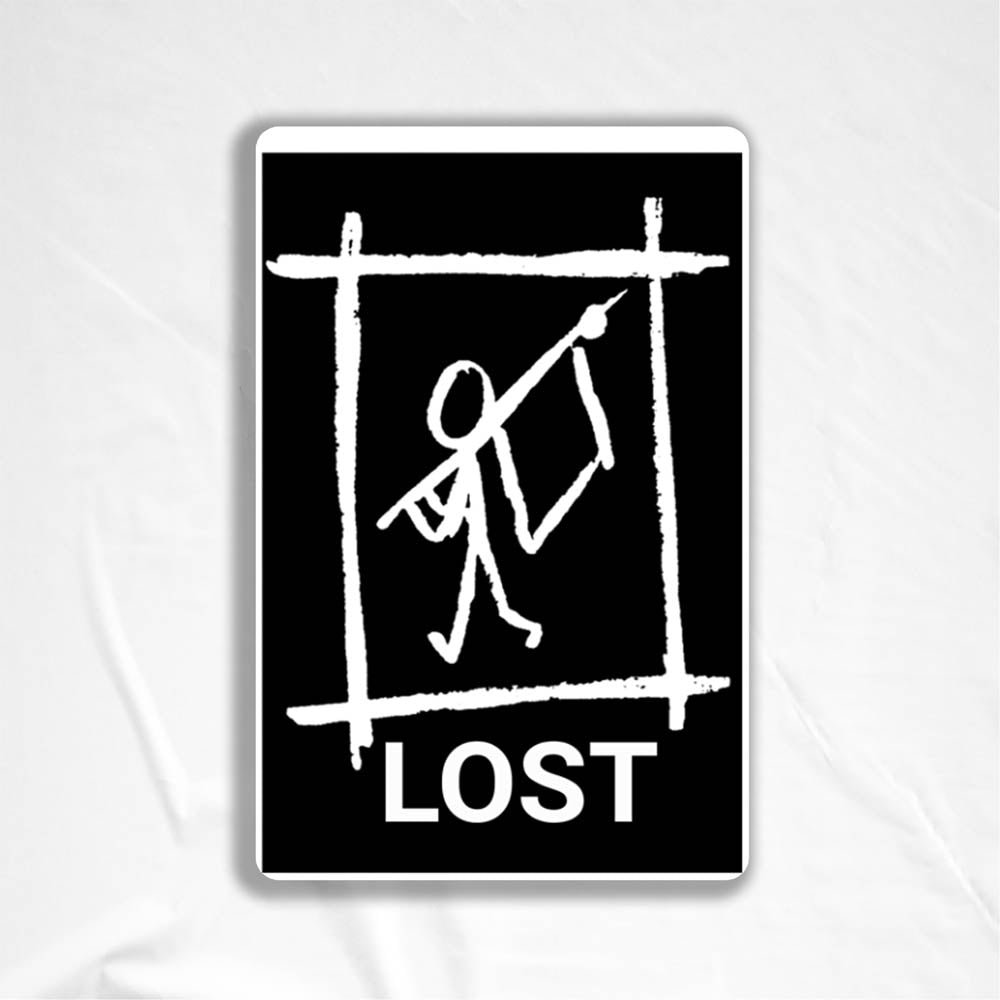 The Avail thermal sticker by LOST. Black and white design featuring a lone stick person waving a white flag.