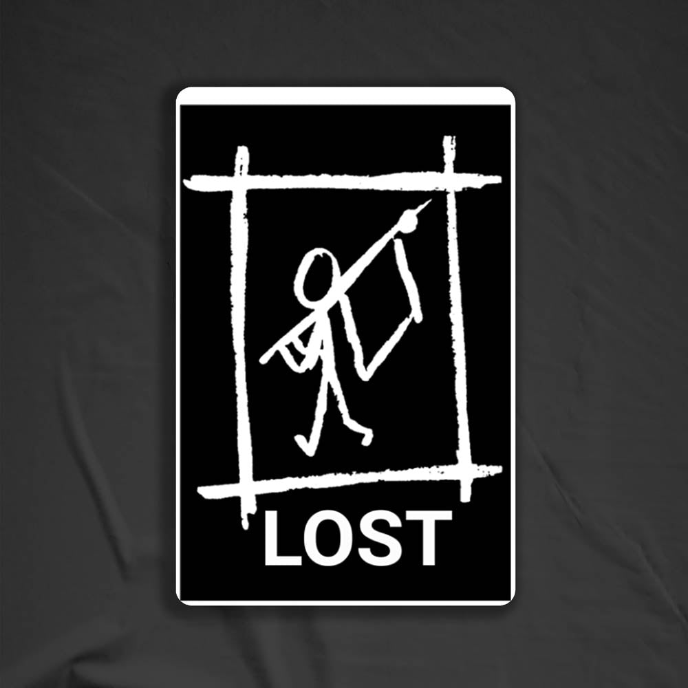 The Avail thermal sticker by LOST. Black and white design featuring a lone stick person waving a white flag.