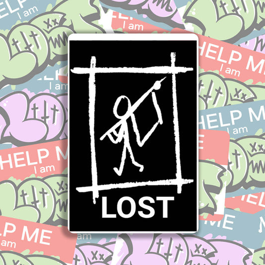 The Avail thermal sticker by LOST. Black and white design featuring a lone stick person waving a white flag. An assortment of colorful graffiti stickers provides the background for the sticker.