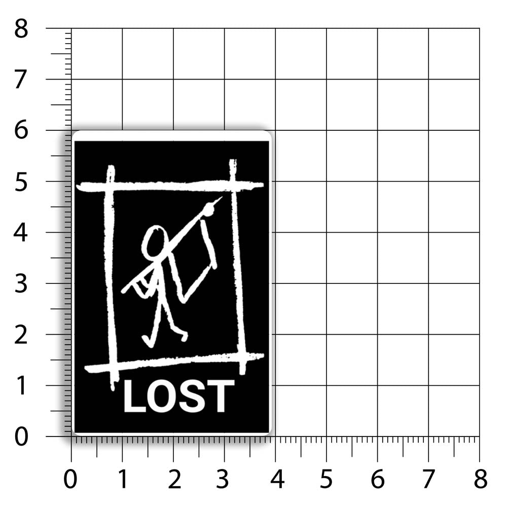 The Avail thermal sticker by LOST. Black and white design featuring a lone stick person waving a white flag. A size chart indicated that the sticker is 4 by 6 inches big.