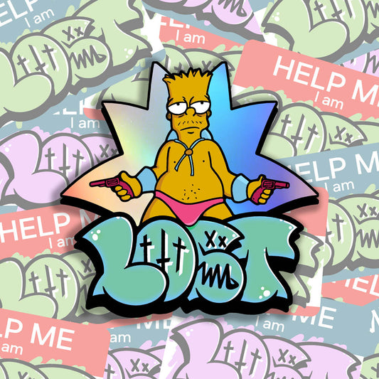 Bang Bang Bart Graffiti Sticker by LOST. Featuring a rough looking Bart with a cape and pink underwear firing two pink toy revolvers behind a colorful LOST graffiti piece.