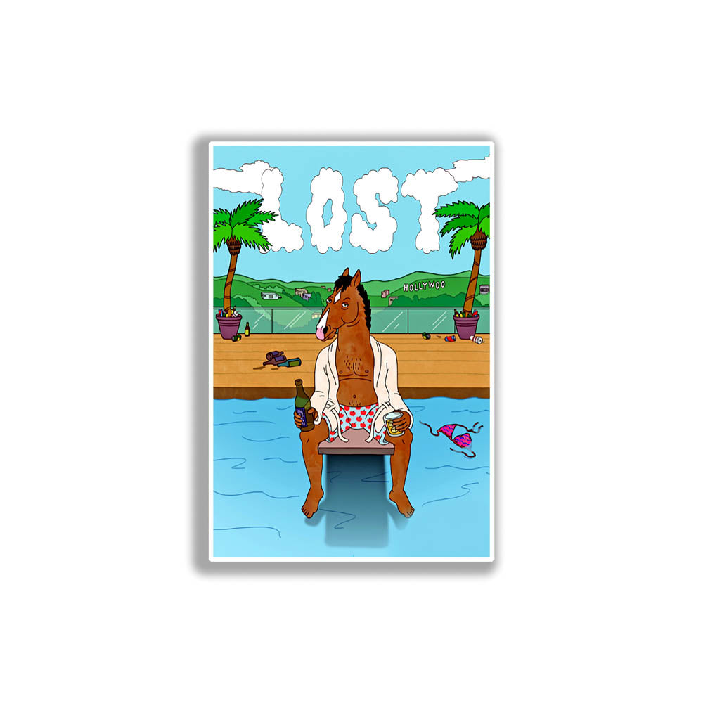 The Bojack Horesman Graffiti Sticker by LOST. Featuring an animated Horse character drinking a beer on a pool diving board. The clouds in the sky spell out the word LOST.