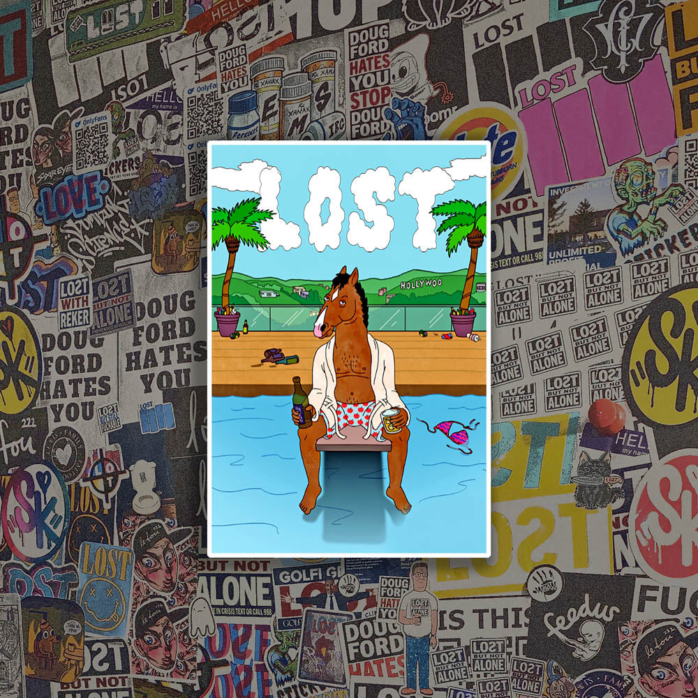 The Bojack Horesman Graffiti Sticker by LOST. Featuring an animated Horse character drinking a beer on a pool diving board. The clouds in the sky spell out the word LOST.