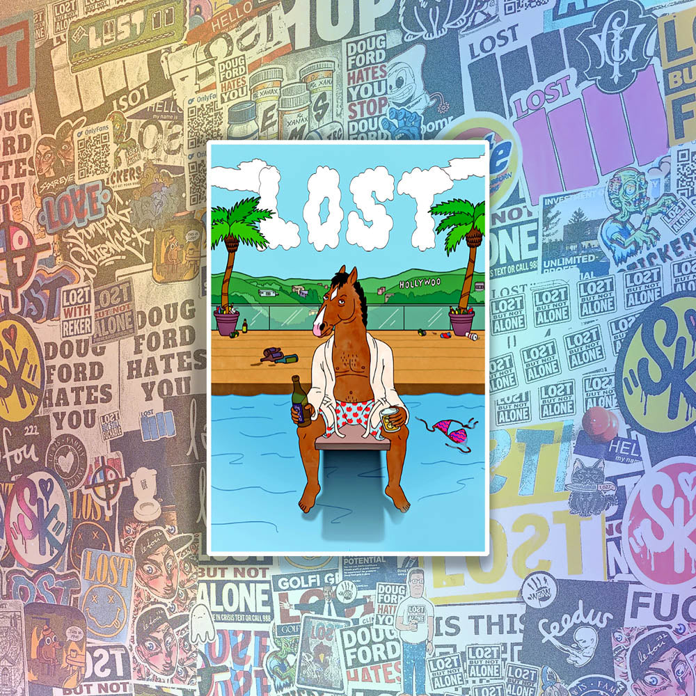 The Bojack Horesman Graffiti Sticker by LOST. Featuring an animated Horse character drinking a beer on a pool diving board. The clouds in the sky spell out the word LOST.