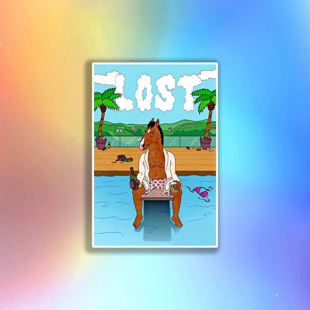 The Bojack Horesman Graffiti Sticker by LOST. Featuring an animated Horse character drinking a beer on a pool diving board. The clouds in the sky spell out the word LOST.