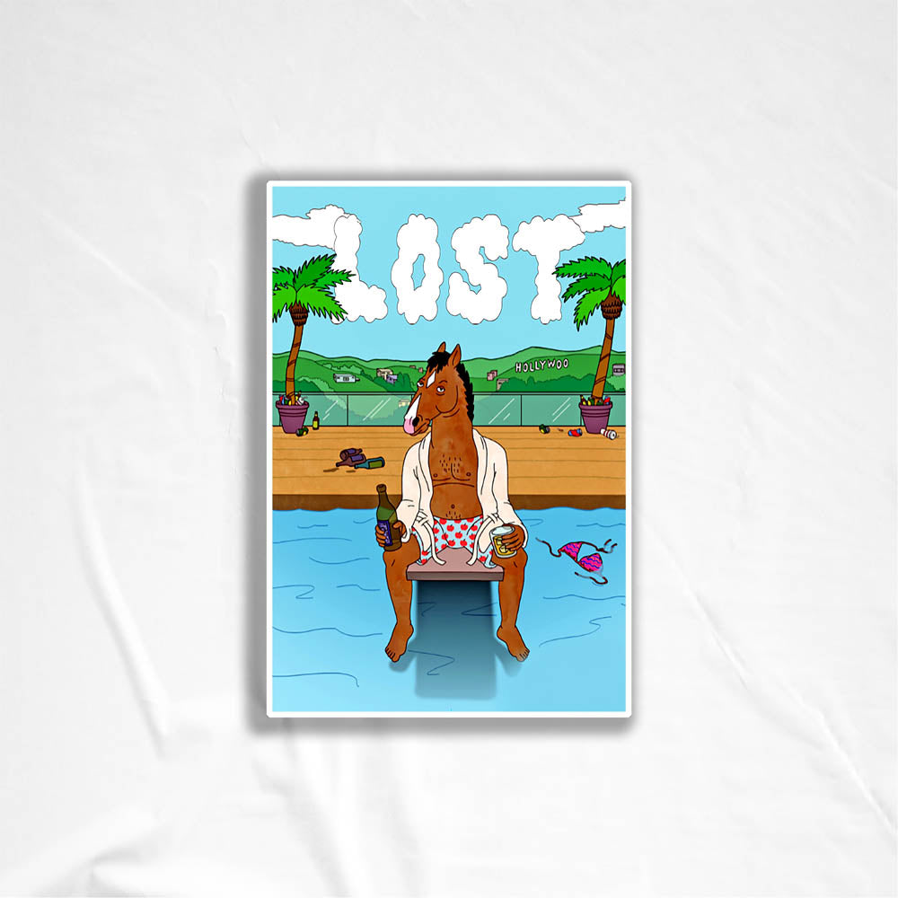 The Bojack Horesman Graffiti Sticker by LOST. Featuring an animated Horse character drinking a beer on a pool diving board. The clouds in the sky spell out the word LOST.