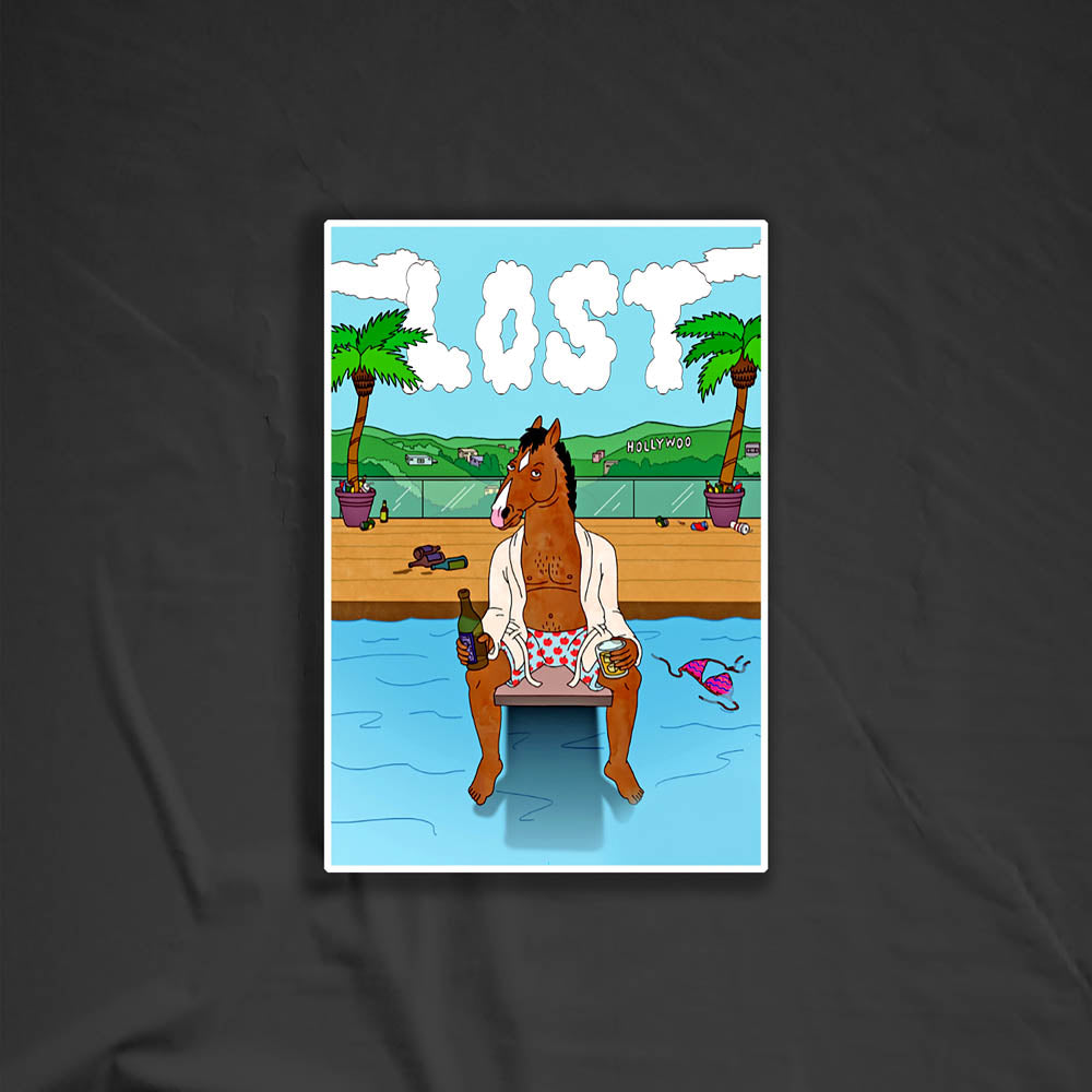 The Bojack Horesman Graffiti Sticker by LOST. Featuring an animated Horse character drinking a beer on a pool diving board. The clouds in the sky spell out the word LOST.