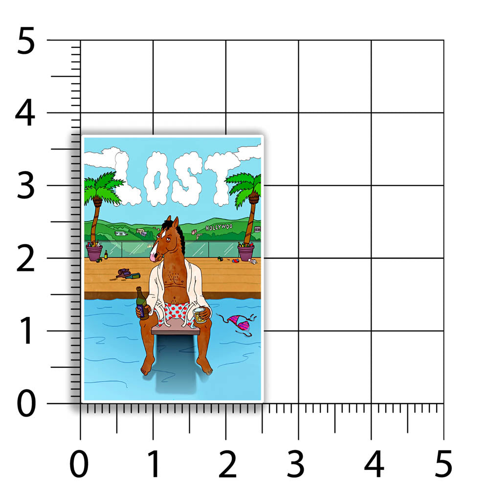 The Bojack Horesman Graffiti Sticker by LOST. Featuring an animated Horse character drinking a beer on a pool diving board. The clouds in the sky spell out the word LOST.