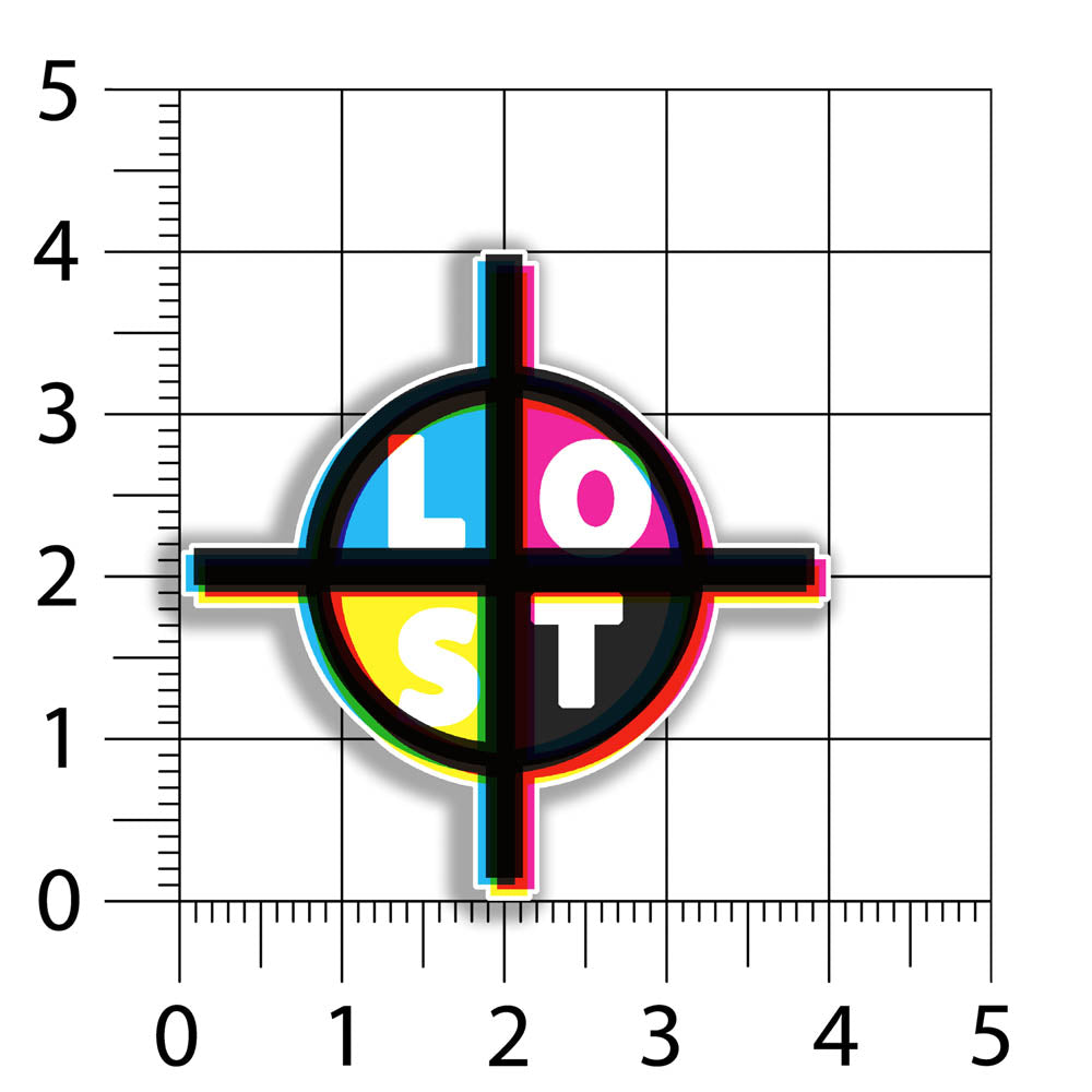 CMYK Registration Mark Graffiti Sticker by LOST. An example of poor registration, the printing marks and word LOST are printed in overlapping Cyan, Yellow, Magenta, and Black.