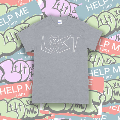 Charlottes Black Cat Letters. Hand drawn design of cat shaped letters. Drawn by my daughter Charlotte, and printed with white ink on a gray cotton shirt. A collection of colorful graffiti stickers makes up the background. 