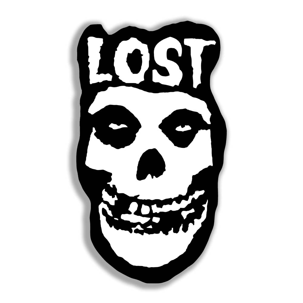 The Crimson Ghost Graffiti Sticker by LOST. A modern example of the classic black and white skull logo re-invented. The Word LOST is scrawled across the top in Bold white letters.