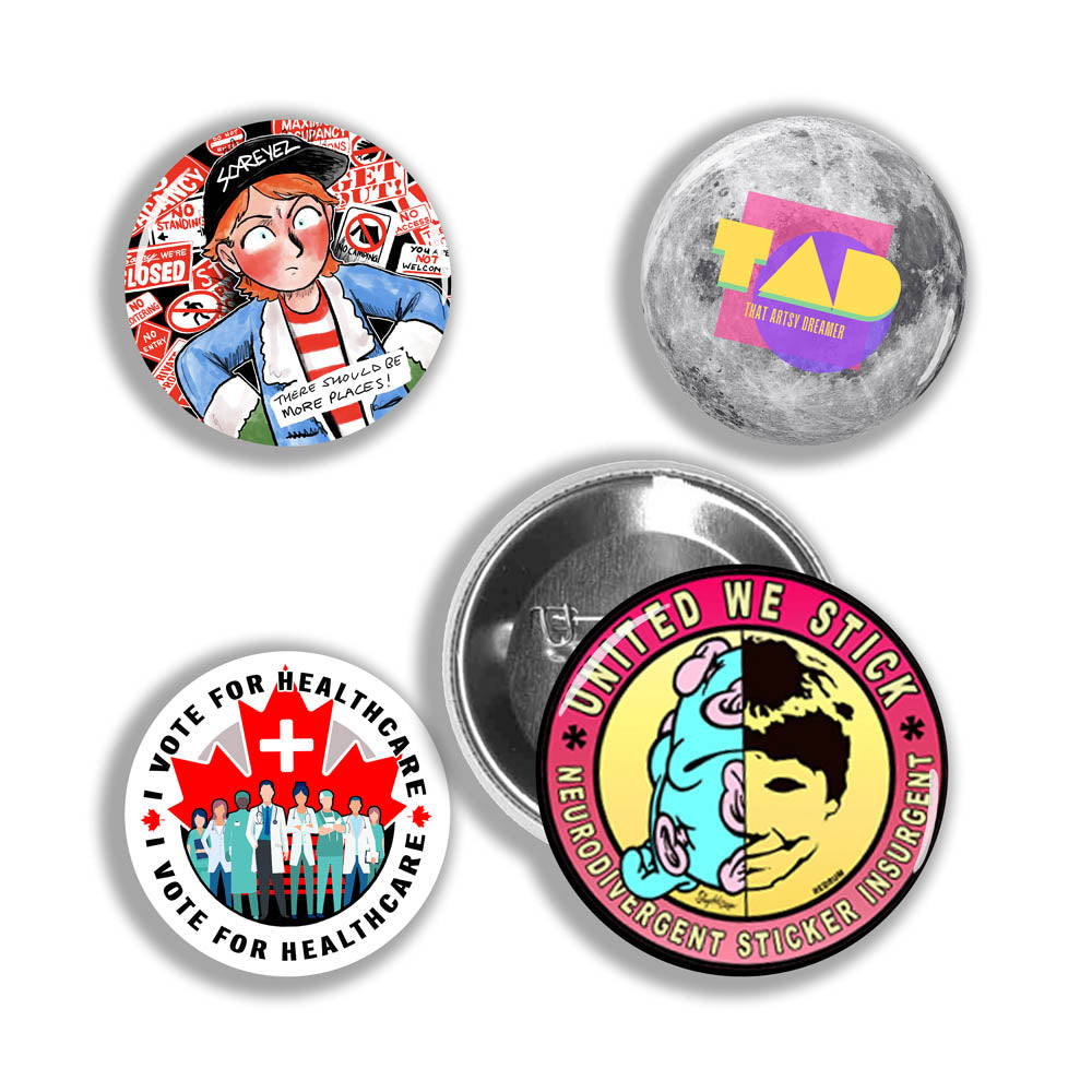 A display of four colorful custom pinback buttons made by reilly9578. The four buttons are set on a solid white background.