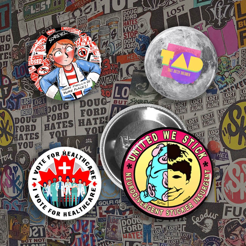 A display of four colorful custom pinback buttons made by reilly9578. The four buttons are set against a background of brightly colored graffiti stickers.