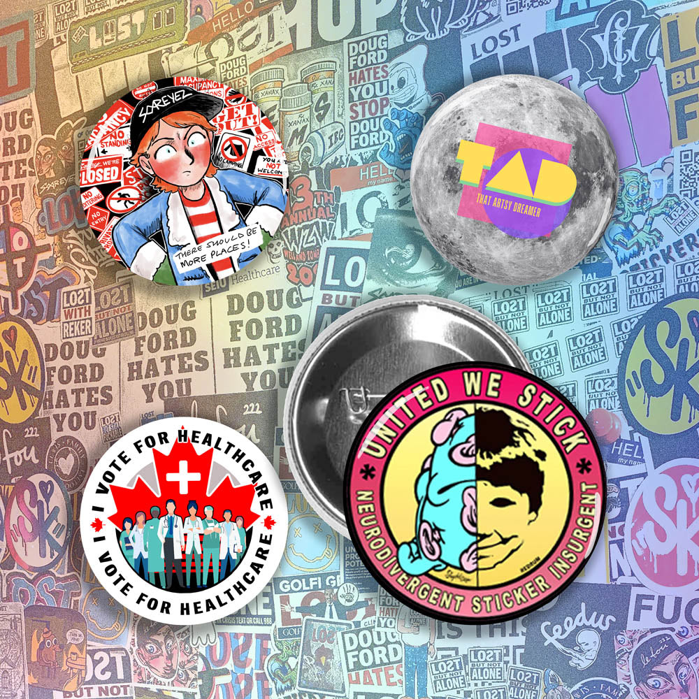 A display of four colorful custom pinback buttons made by reilly9578. The four buttons are set on a background of brightly colored graffiti stickers.