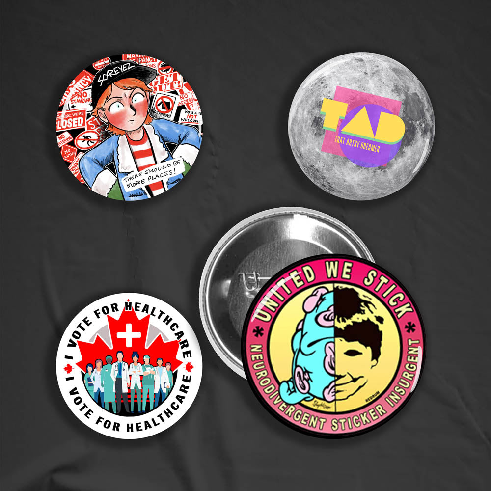 A display of four colorful custom pinback buttons made by reilly9578. The four buttons are set on a black background.