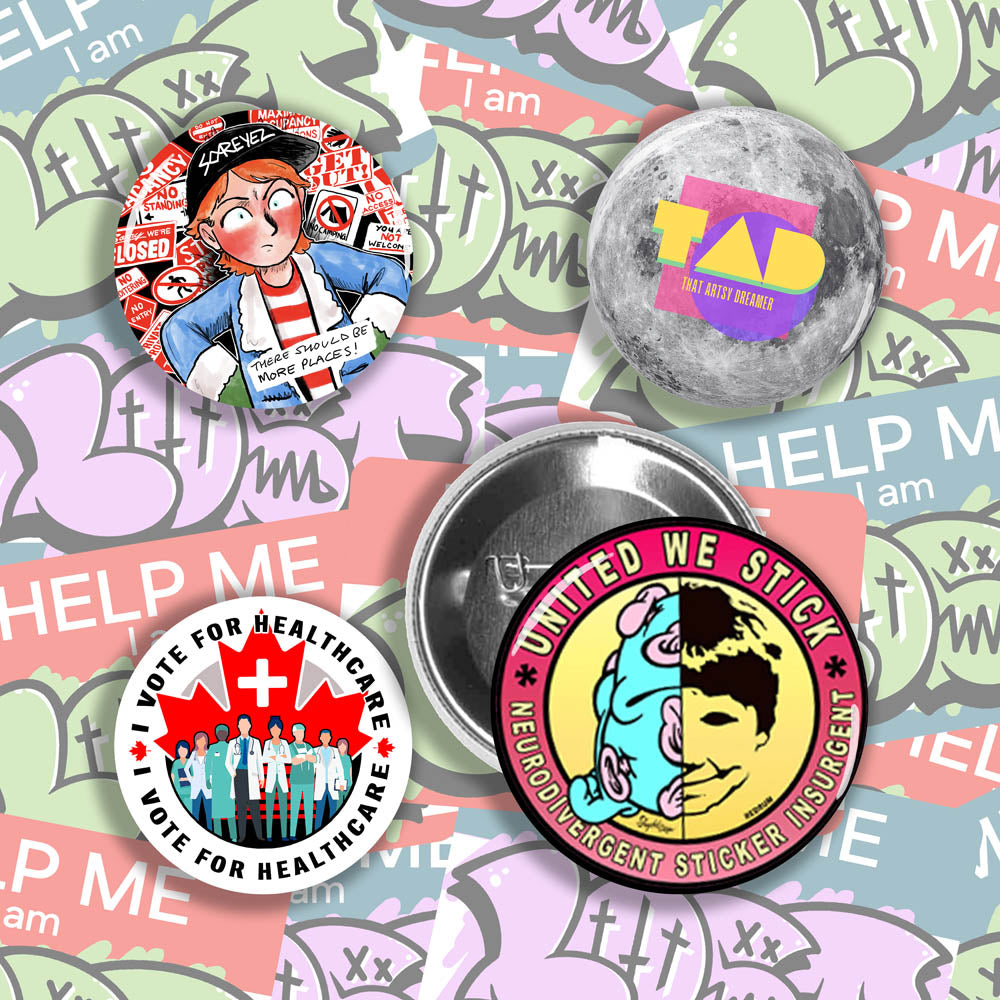 A display of four colorful custom pinback buttons made by reilly9578. The four buttons are set on a background of brightly colored graffiti stickers.