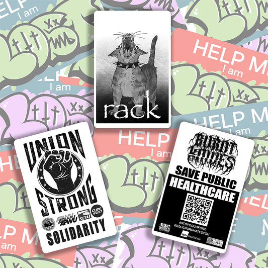 A selection of custom made black and white thermal labels by reilly9578. The labels are set against a colorful background of stickers.