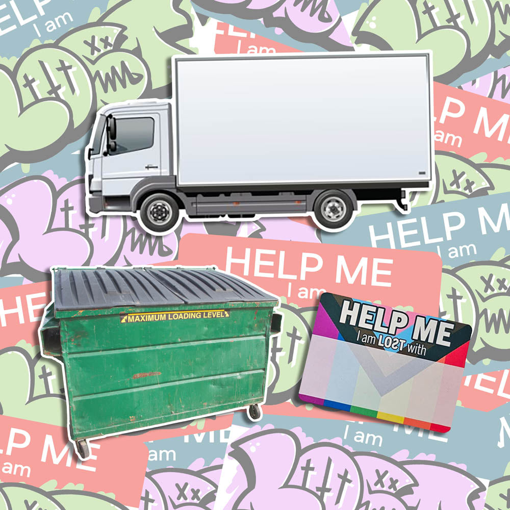 Three graffiti sticker blanks. One is of a white cube van or moving truck. Another is of a dirty green dumpster. The third sticker is a blank nametag sticker with a pride flag as the background. These stickers are set against a wall of colorful graffiti stickers.