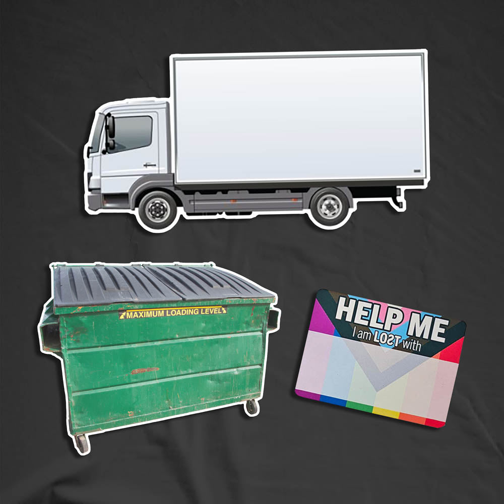 Three graffiti sticker blanks. One is of a white cube van or moving truck. Another is of a dirty green dumpster. The third sticker is a blank nametag sticker with a pride flag as the background. These stickers are set against a black background.