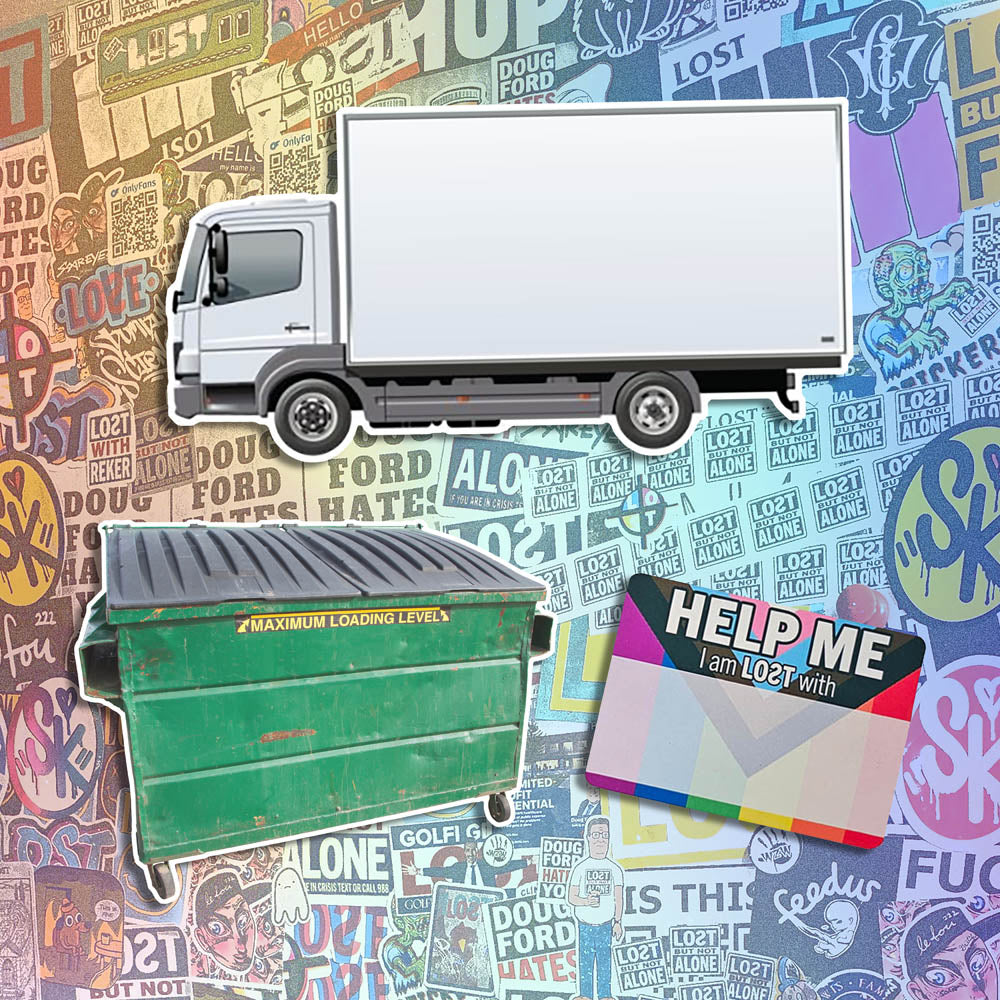 Three graffiti sticker blanks. One is of a white cube van or moving truck. Another is of a dirty green dumpster. The third sticker is a blank nametag sticker with a pride flag as the background. These stickers are set against a wall of colorful graffiti stickers.