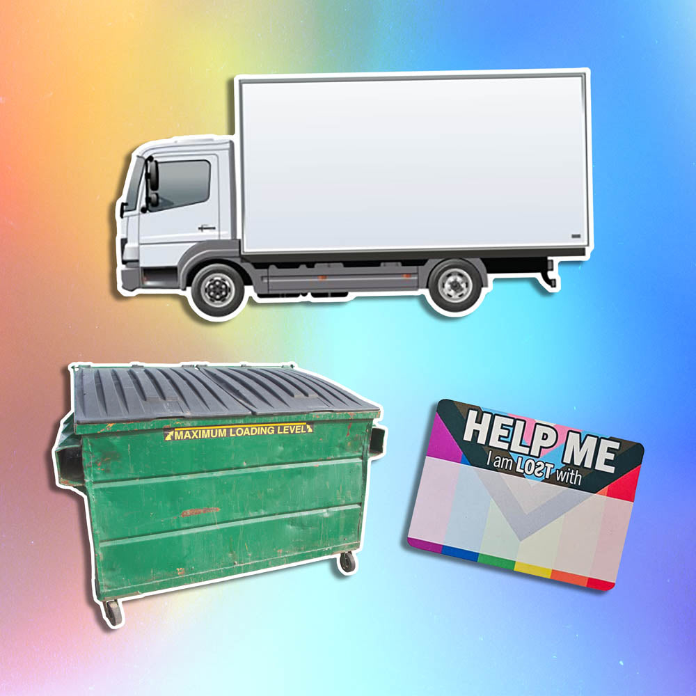 Three graffiti sticker blanks. One is of a white cube van or moving truck. Another is of a dirty green dumpster. The third sticker is a blank nametag sticker with a pride flag as the background. These stickers are set against a holographic rainbow background.