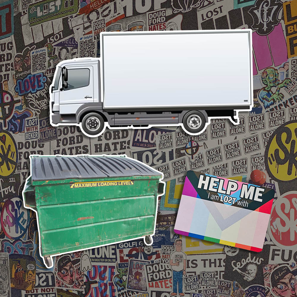 Three graffiti sticker blanks. One is of a white cube van or moving truck. Another is of a dirty green dumpster. The third sticker is a blank nametag sticker with a pride flag as the background. These stickers are set against a wall of colorful graffiti stickers.