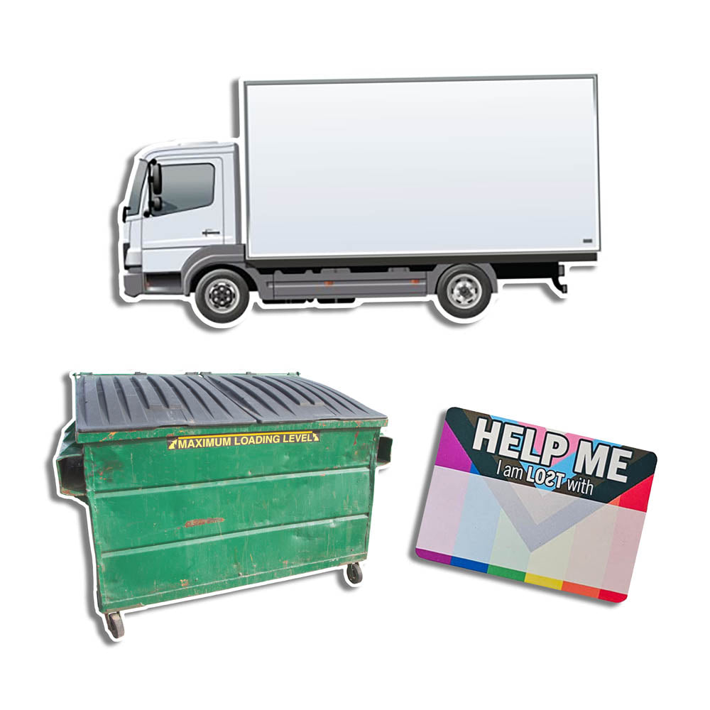 Three graffiti sticker blanks. One is of a white cube van or moving truck. Another is of a dirty green dumpster. The third sticker is a blank nametag sticker with a pride flag as the background. These stickers are set against a solid white background.