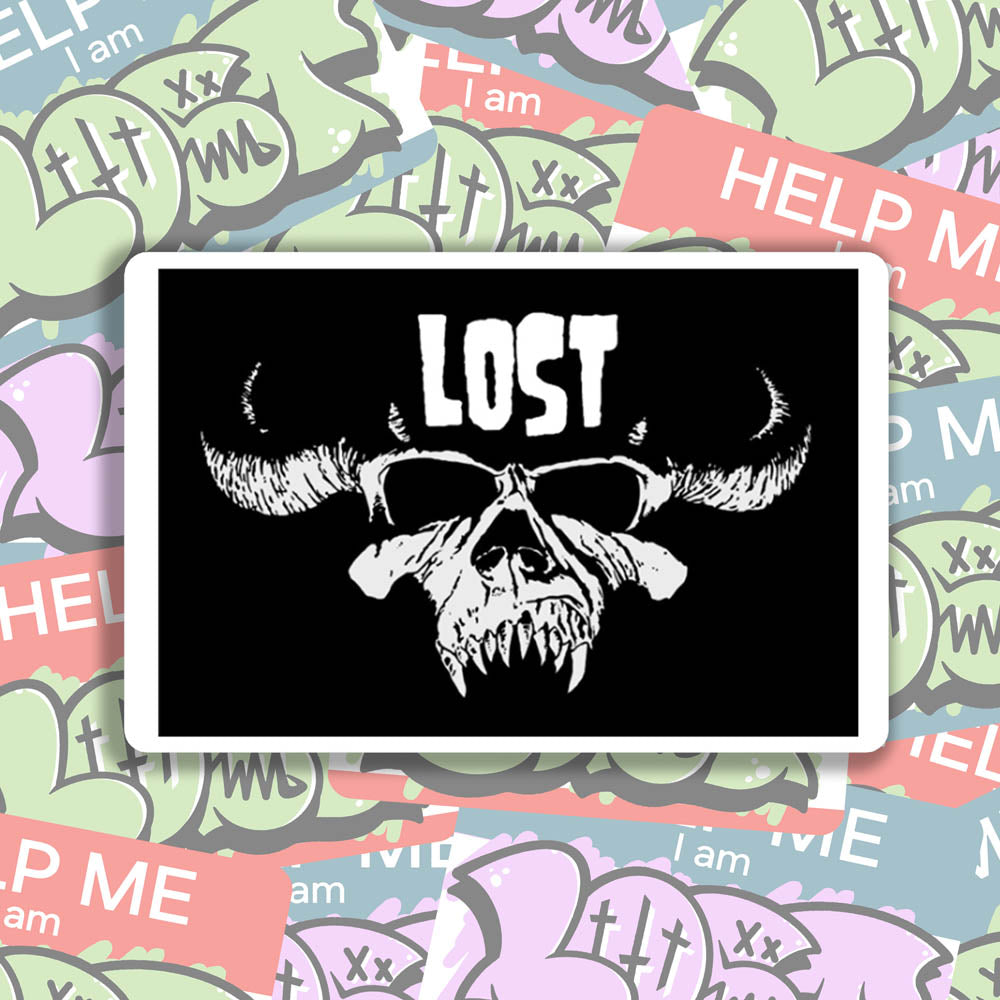 The Danzig thermal sticker by LOST. Black and white design featuring the Danzig skull with the text LOST. An assortment of colorful graffiti stickers provides the background for the sticker.