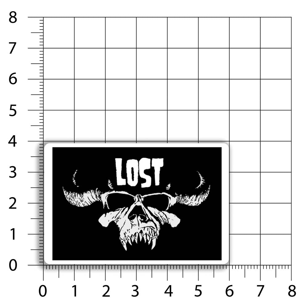 The Danzig thermal sticker by LOST. Black and white design featuring the Danzig skull with the text LOST. A size chart shows that this sticker is 6 by 4 inches big.