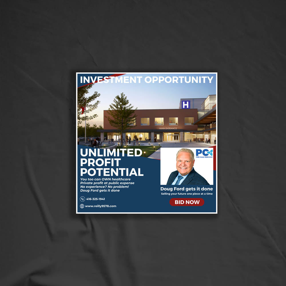 Premier Doug Ford real estate style ad auctioning off the public healthcare system to the highest bidder. Offering a great investment opportunity with unlimited profit potential.