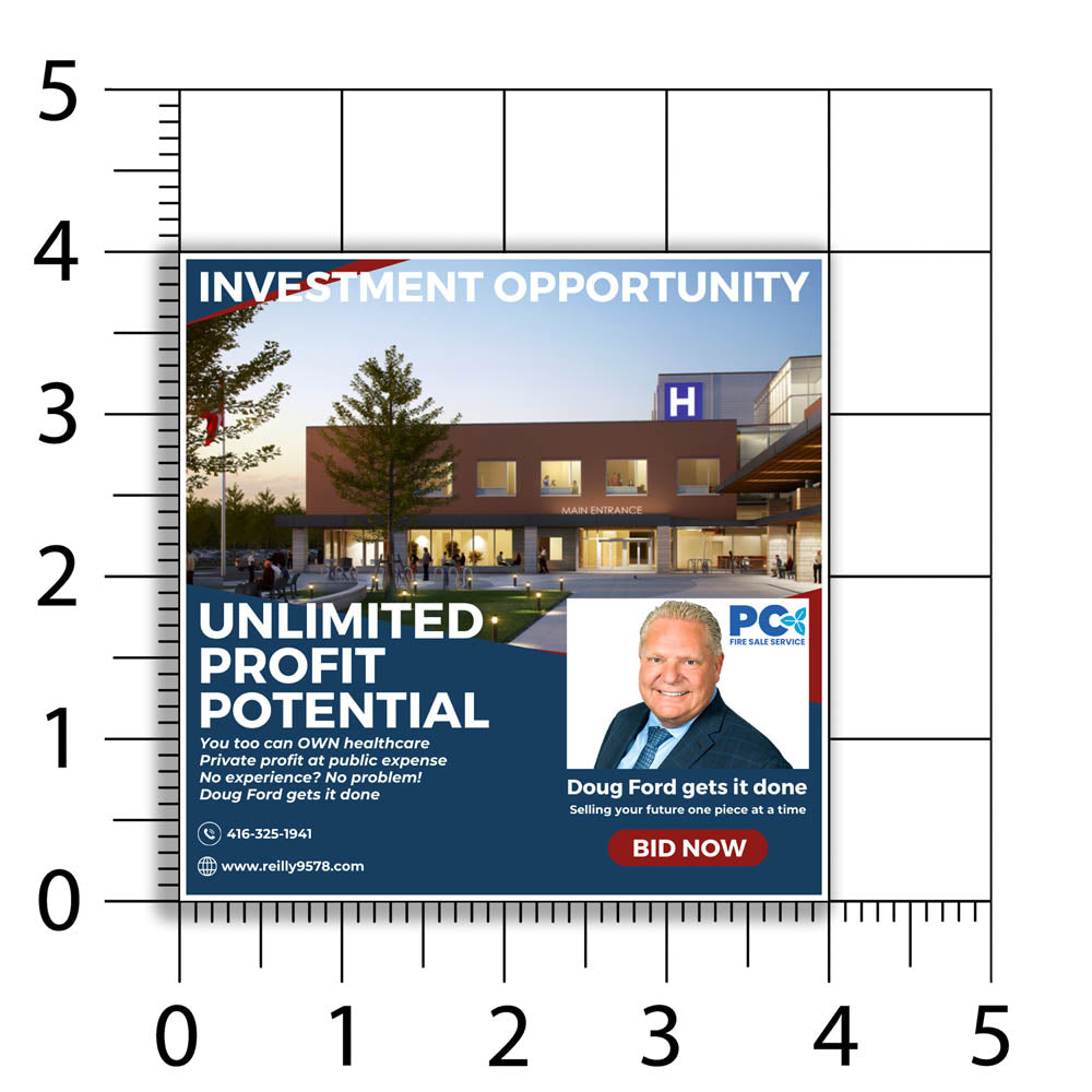 Premier Doug Ford real estate style ad auctioning off the public healthcare system to the highest bidder. Offering a great investment opportunity with unlimited profit potential.