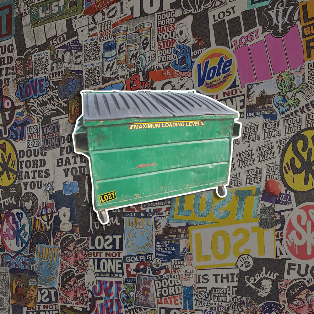 The Dumpster graffiti sticker blank by Lost. An aged but graffiti-free looking green dumpster with plenty of space to be tagged. The full color dumpster has a white border and is set against a collection of colorful graffiti stickers.