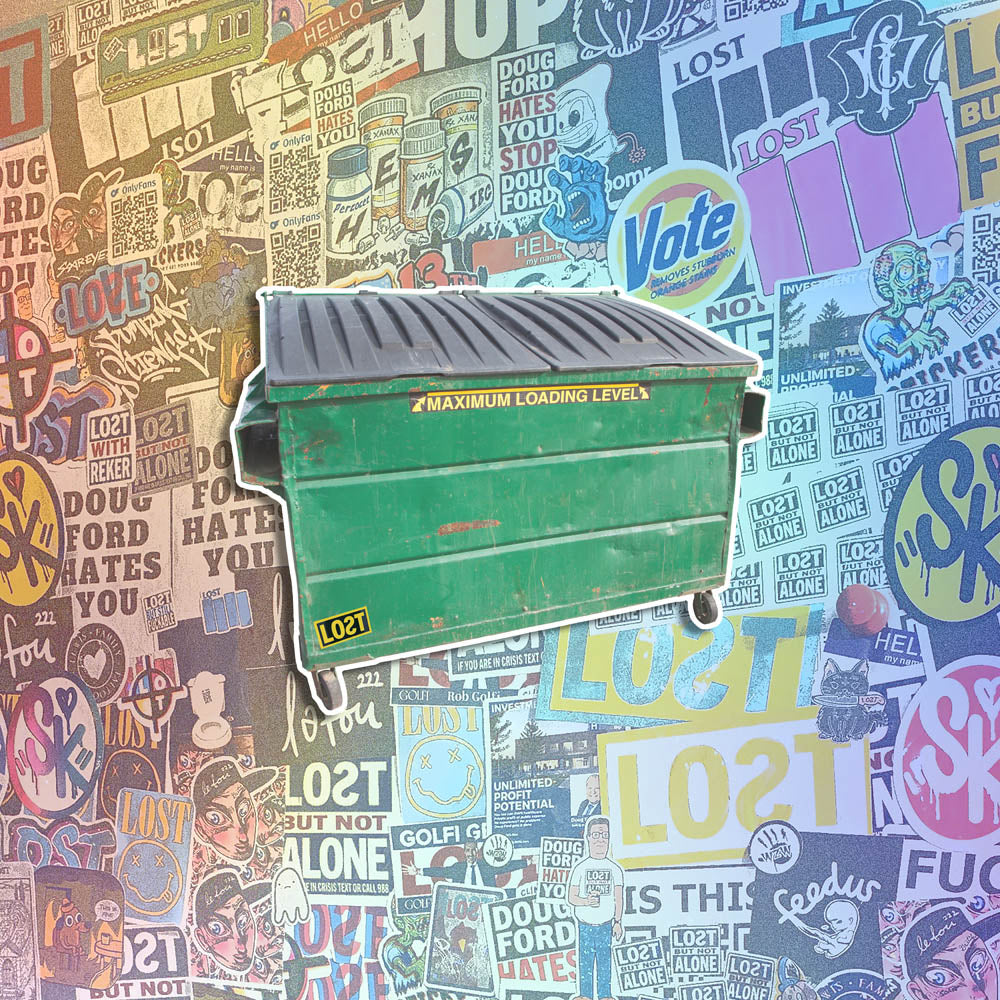 The Dumpster graffiti sticker blank by Lost. An aged but graffiti-free looking green dumpster with plenty of space to be tagged. The full color dumpster has a white border and is set against a collection of colorful graffiti stickers.