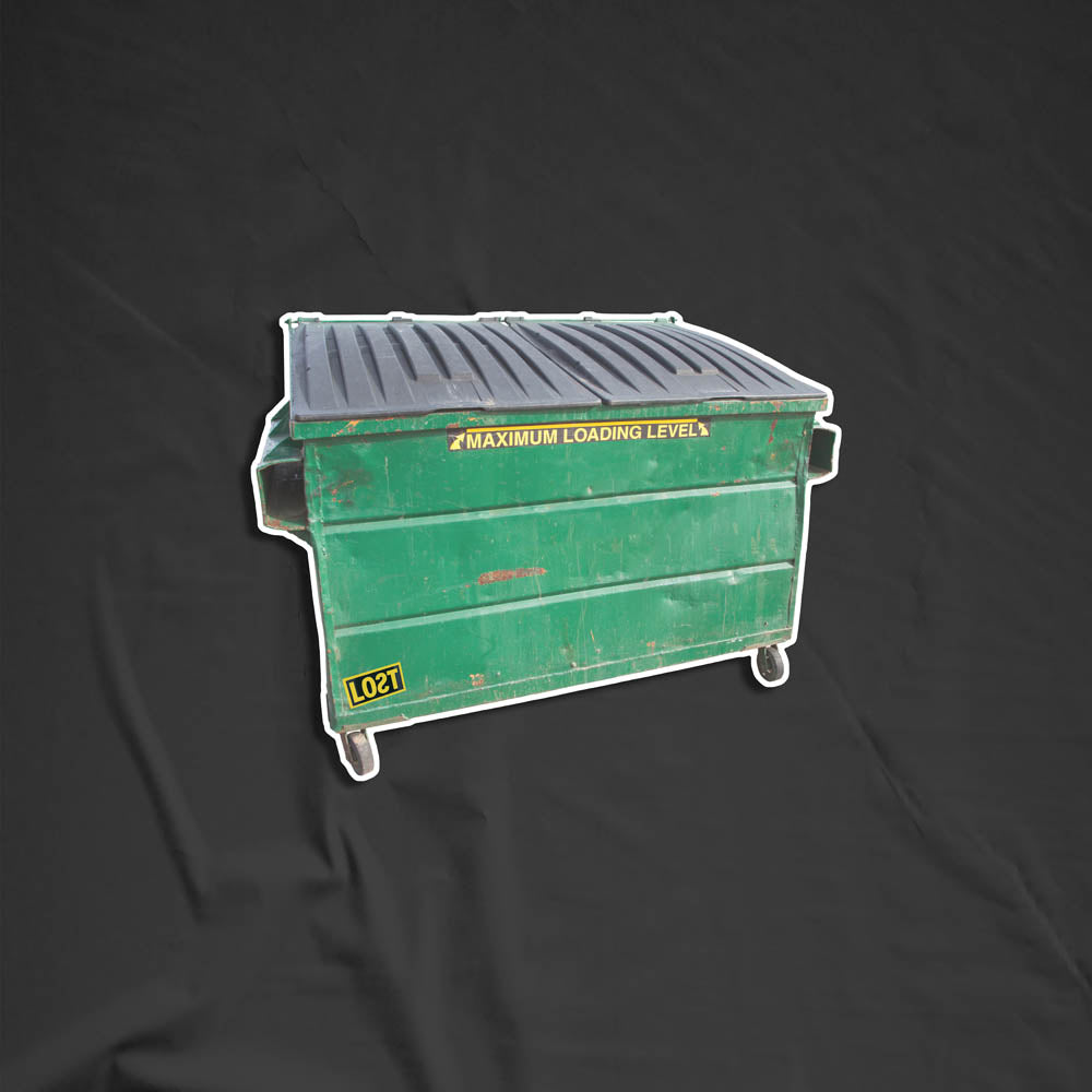 The Dumpster graffiti sticker blank by Lost. An aged but graffiti-free looking green dumpster with plenty of space to be tagged. The full color dumpster has a white border and is set against a black background.