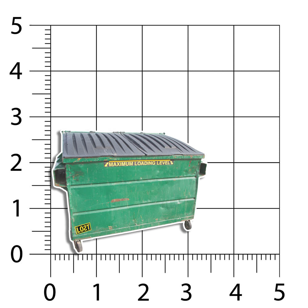 The Dumpster graffiti sticker blank by Lost. An aged but graffiti-free looking green dumpster with plenty of space to be tagged. The full color dumpster has a white border and a sizing chart shows that it measures 3.5 by 2.75 inches.