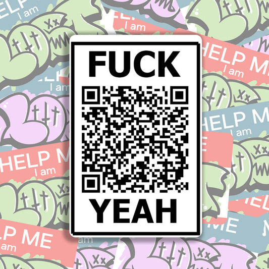 The Fuck Yeah thermal sticker by Lost Black and white design featuring a QR code. A wall of colorful graffiti stickers provides a unique background for the sticker.