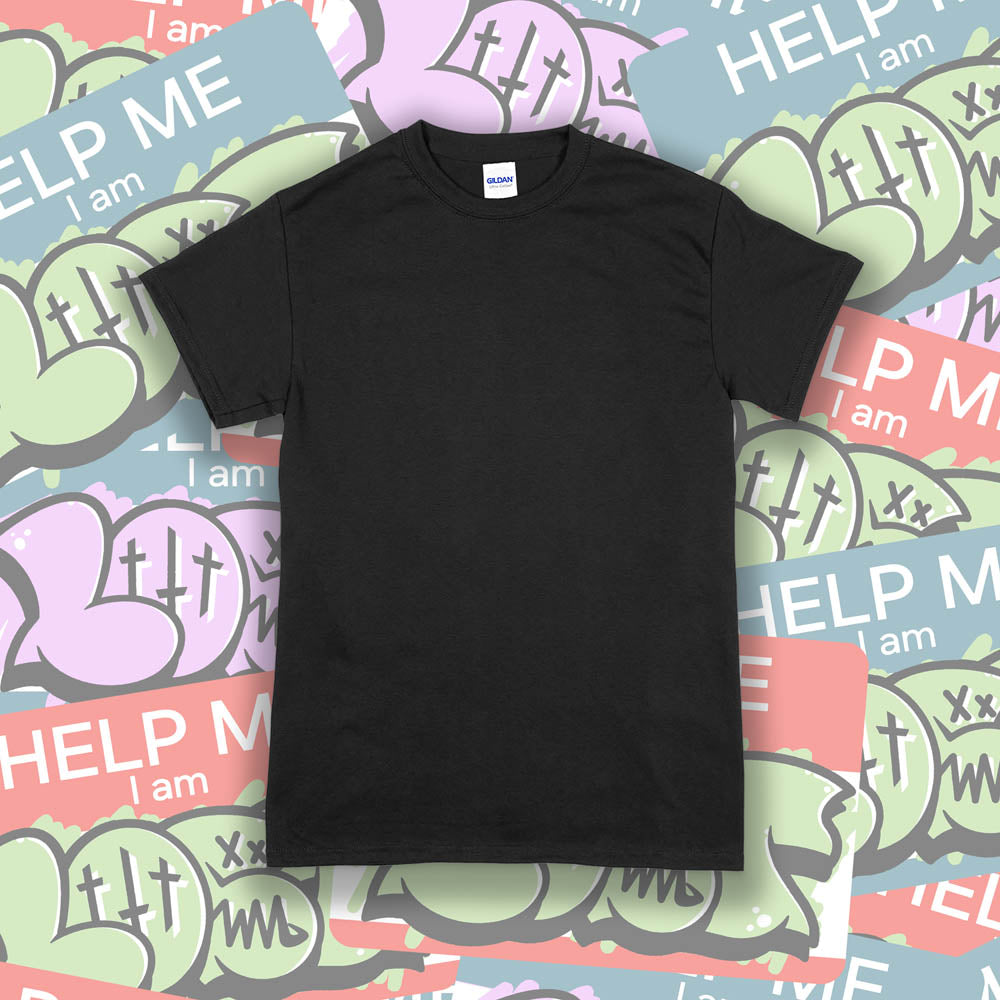 A blank Gildan shirt template. The plain black Gildan shirt is displayed against a wall of colorful graffiti stickers.