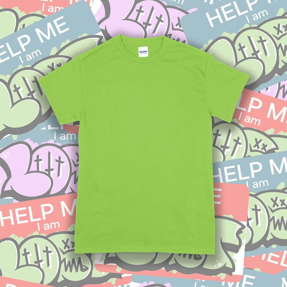 A blank Gildan shirt template. The bright green Gildan t-shirt is displayed against a wall of colorful graffiti stickers.