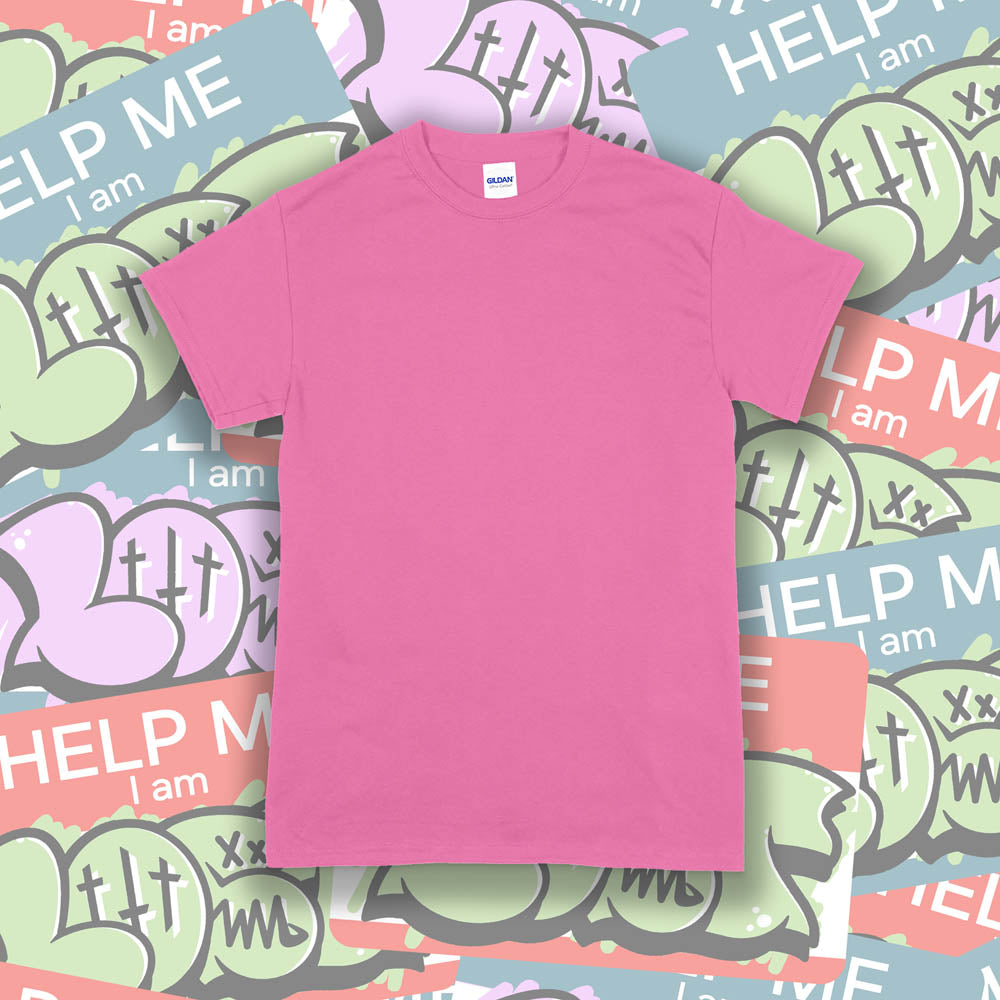 A blank Gildan shirt template. The azalea pink Gildan t-shirt is displayed against a wall of colorful graffiti stickers.