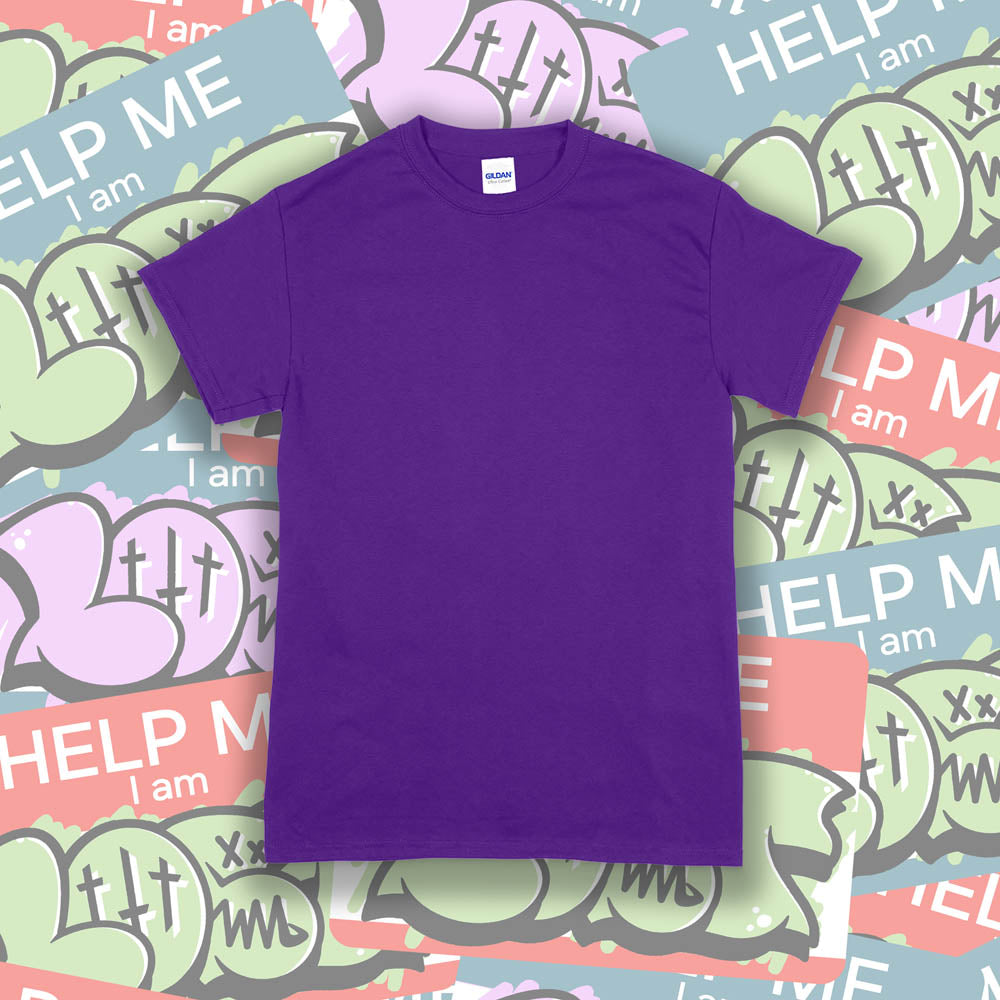 A blank Gildan shirt template. The plain purple Gildan t-shirt is displayed against a wall of colorful graffiti stickers.