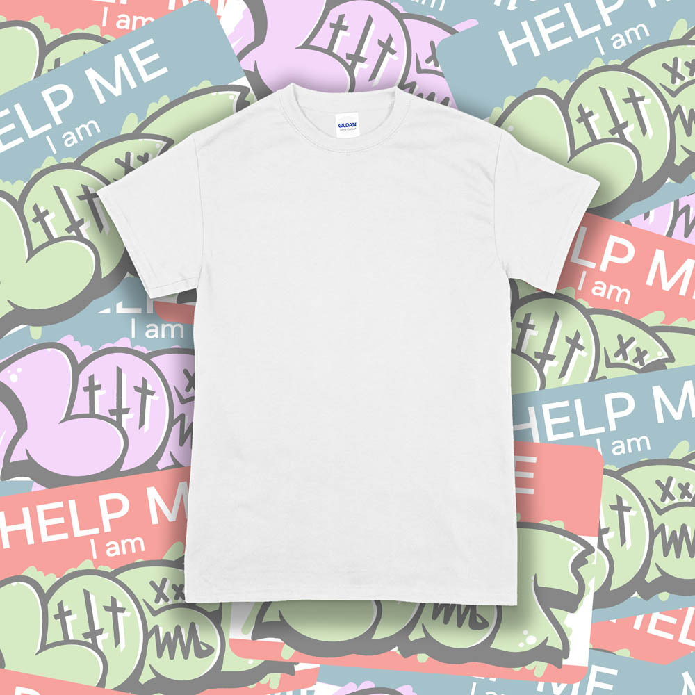 A blank Gildan shirt template. The plain white Gildan t-shirt is displayed against a wall of colorful graffiti stickers.