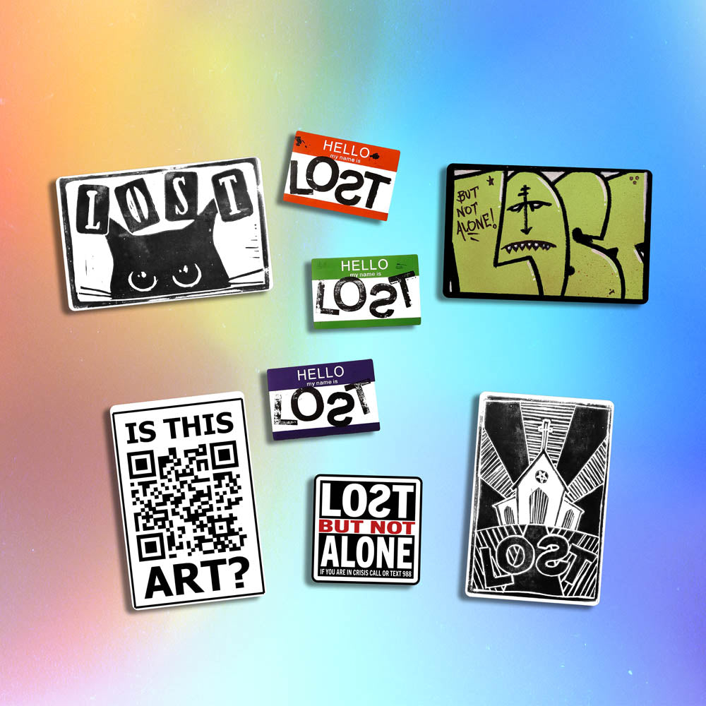 A large display of graffiti stickers of various sizes and colors. The display includes a selection of hand drawn stickers, stamped stickers, and diecut graffiti stickers. These stickers are shown against a holographic background.