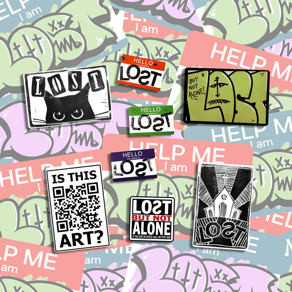 A large display of graffiti stickers of various sizes and colors. The display includes a selection of hand drawn stickers, stamped stickers, and diecut graffiti stickers. These stickers are shown against a background of graffiti stickers.